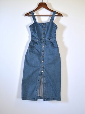 Blue Denim Snap-Front Overall Dress with Adjustable StrapsWomens Size 4